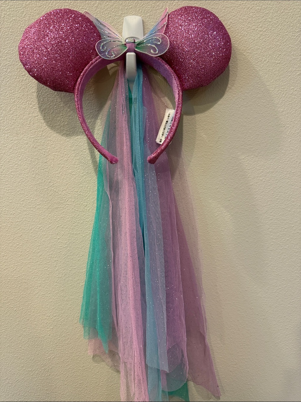 Disney Butterfly Fairy Pink Glitter Minnie Ears Headband with Pastel Tulle Veil